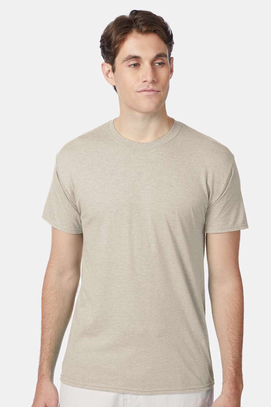 Hanes 42TB Mens Perfect-T Moisture Wicking Short Sleeve Crewneck T-Shirt Heather Sand Model Front