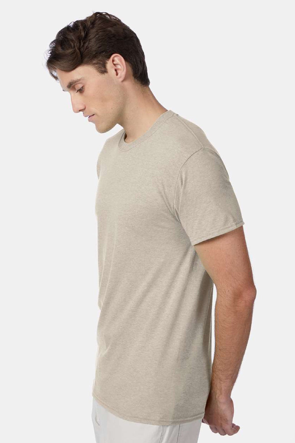 Hanes 42TB Mens Perfect-T Moisture Wicking Short Sleeve Crewneck T-Shirt Heather Sand Model Side