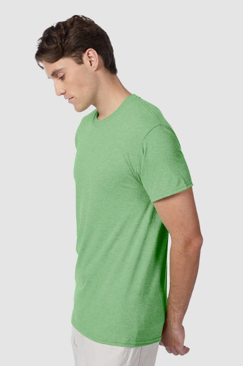Hanes 42TB Mens Perfect-T Moisture Wicking Short Sleeve Crewneck T-Shirt Heather True Green Model Side
