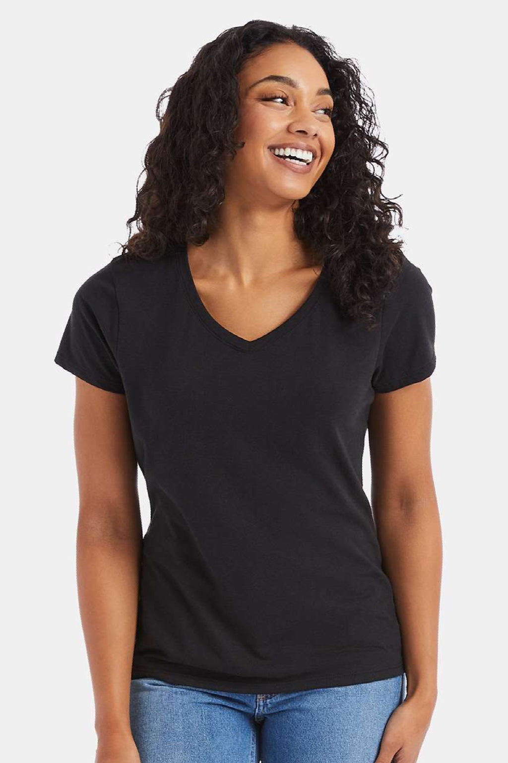 Hanes 42VT Womens Perfect-T Moisture Wicking Short Sleeve V-Neck T-Shirt Solid Black Model Front