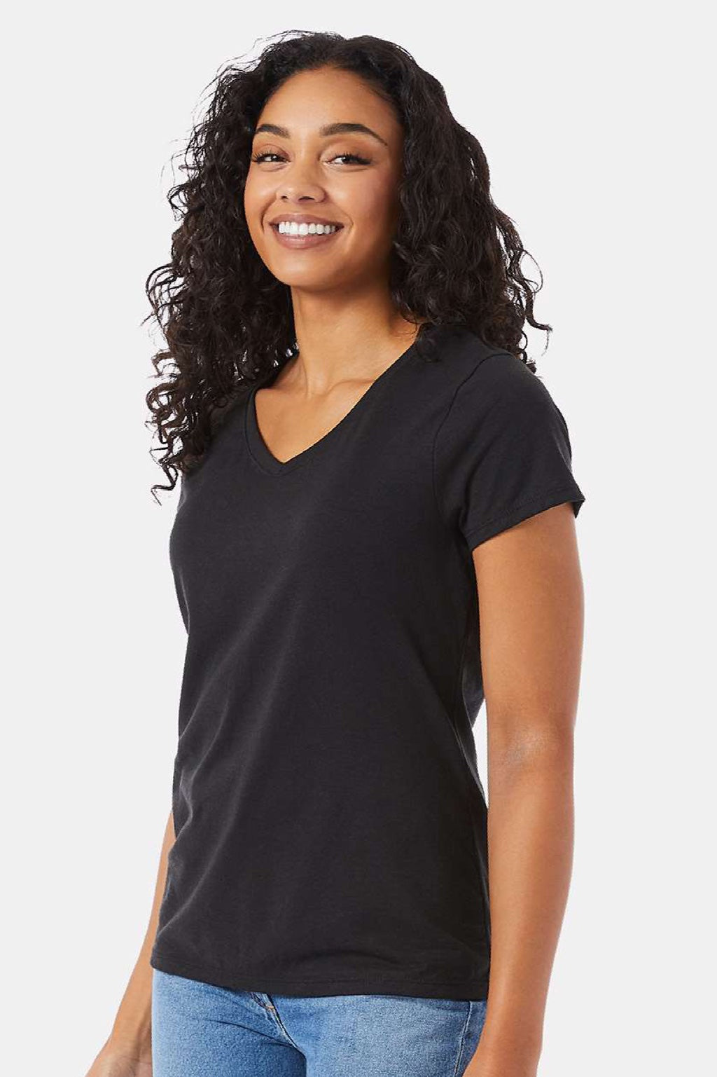 Hanes 42VT Womens Perfect-T Moisture Wicking Short Sleeve V-Neck T-Shirt Solid Black Model Side