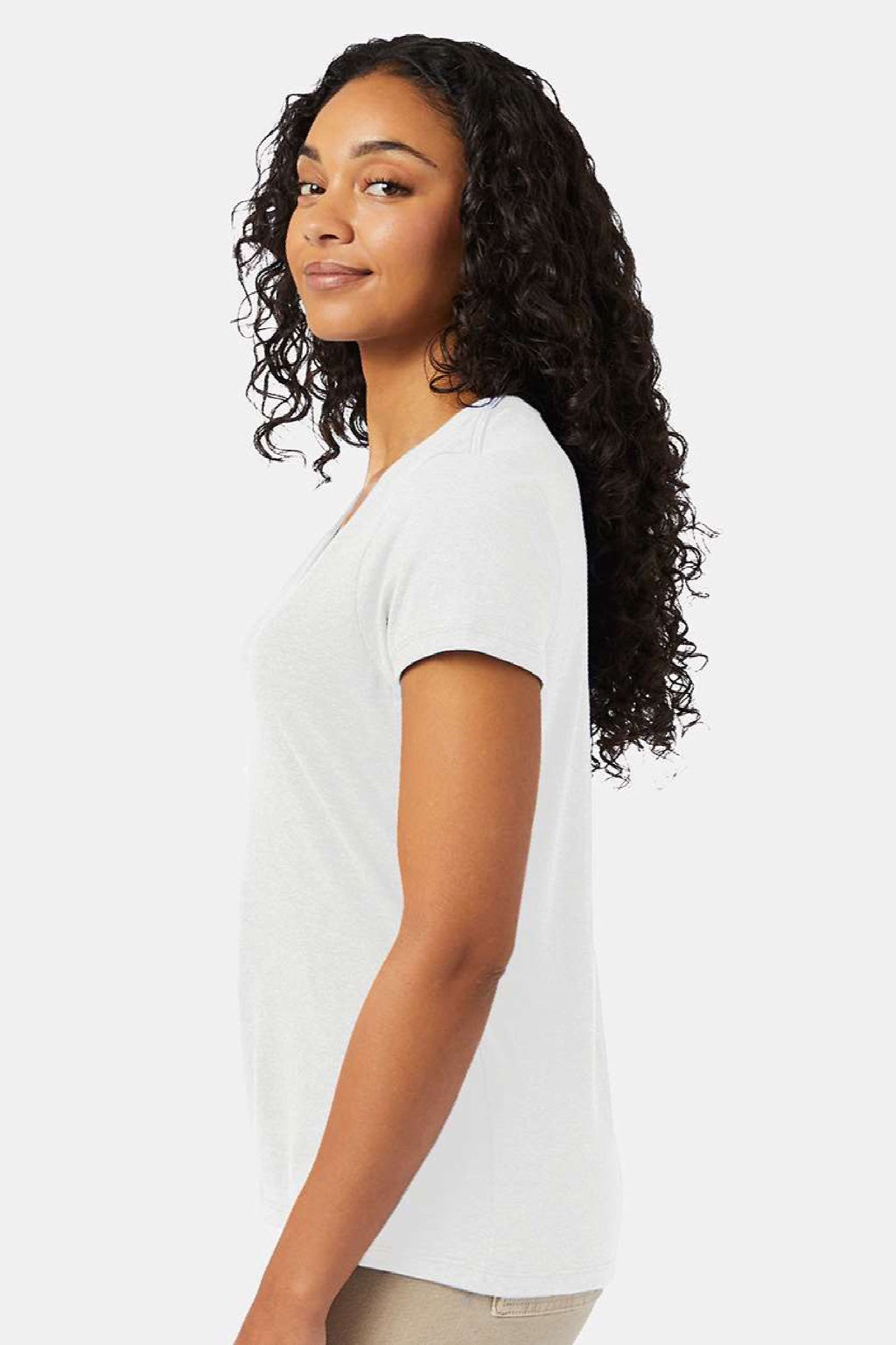 Hanes 42VT Womens Perfect-T Moisture Wicking Short Sleeve V-Neck T-Shirt Eco White Model Side