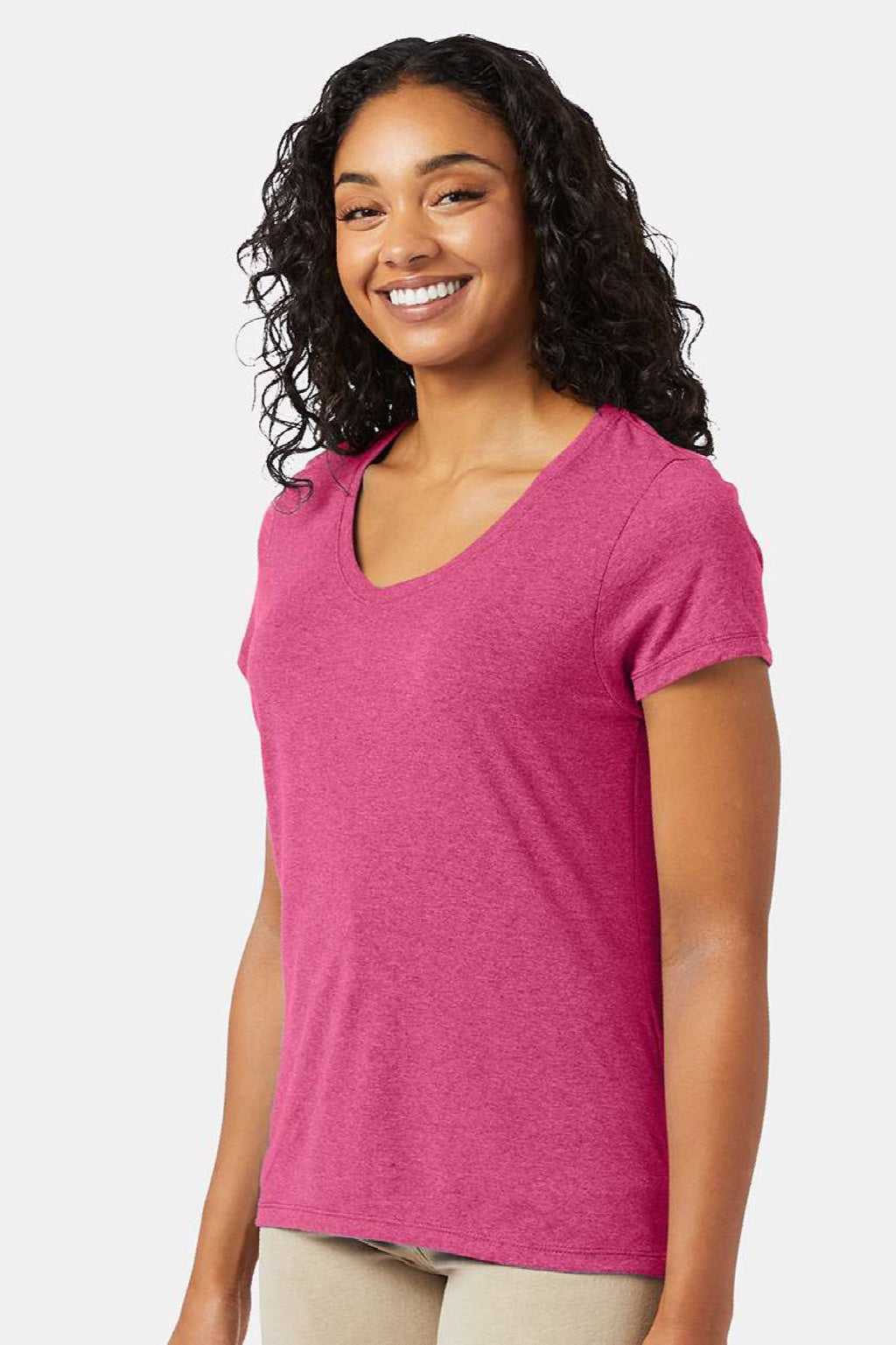 Hanes 42VT Womens Perfect-T Moisture Wicking Short Sleeve V-Neck T-Shirt Jazzberry Pink Model Side