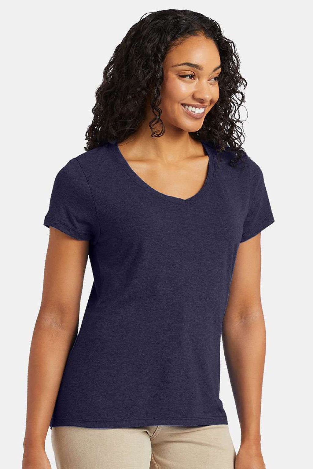 Hanes 42VT Womens Perfect-T Moisture Wicking Short Sleeve V-Neck T-Shirt Navy Blue Model Front