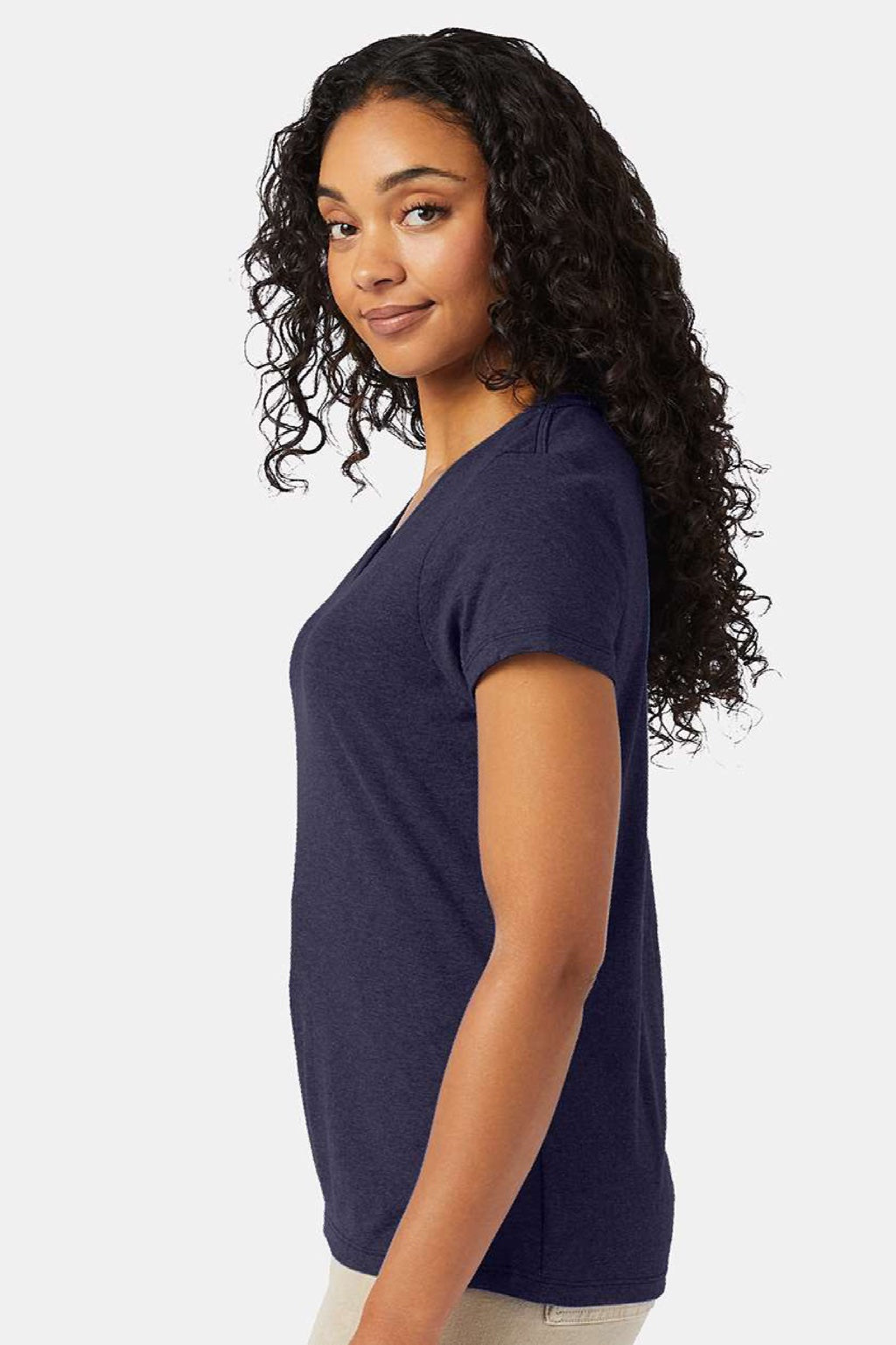 Hanes 42VT Womens Perfect-T Moisture Wicking Short Sleeve V-Neck T-Shirt Navy Blue Model Side