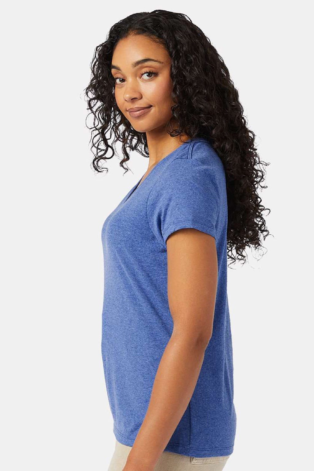 Hanes 42VT Womens Perfect-T Moisture Wicking Short Sleeve V-Neck T-Shirt Royal Blue Model Side