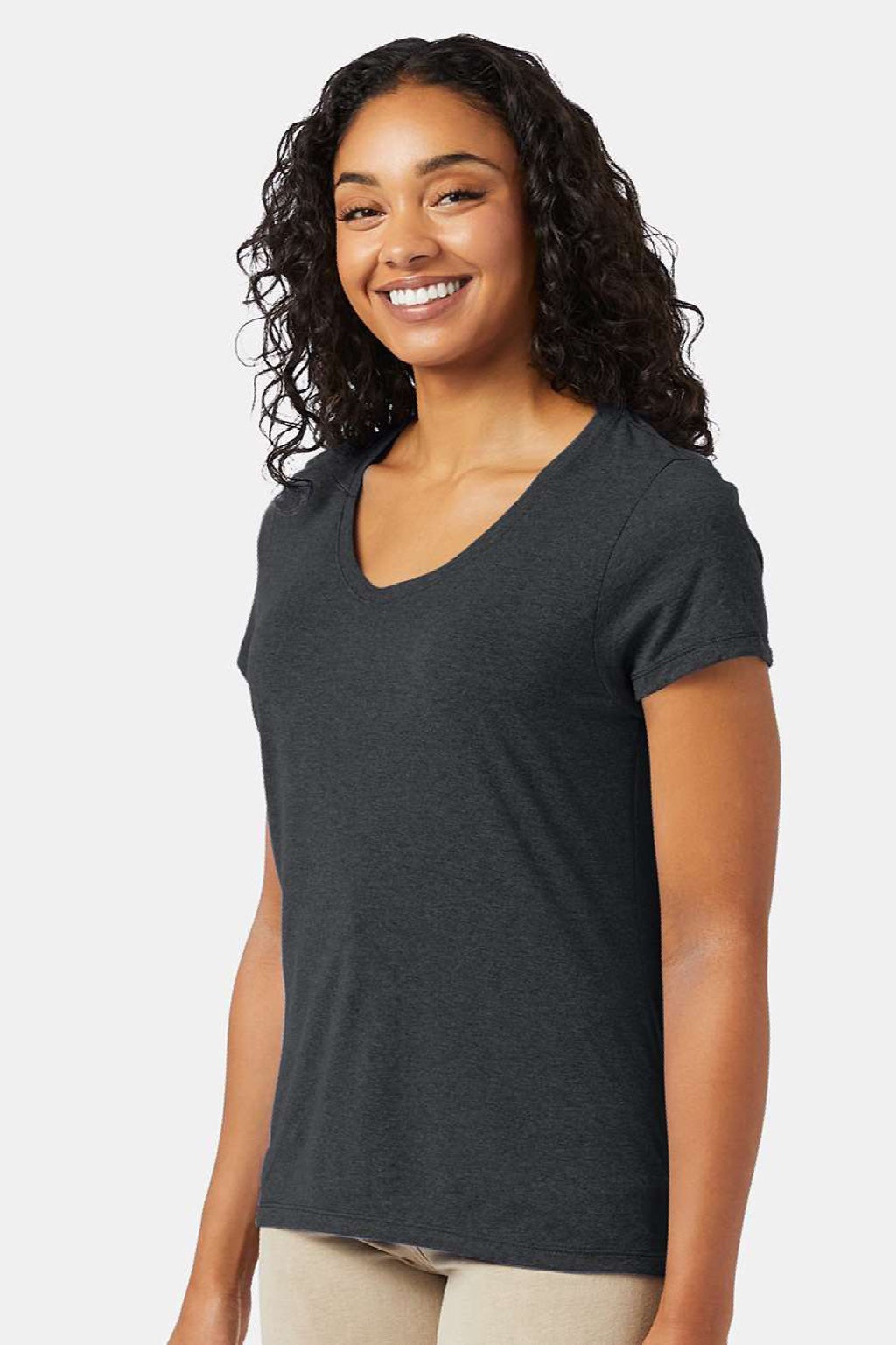 Hanes 42VT Womens Perfect-T Moisture Wicking Short Sleeve V-Neck T-Shirt Slate Grey Model Side
