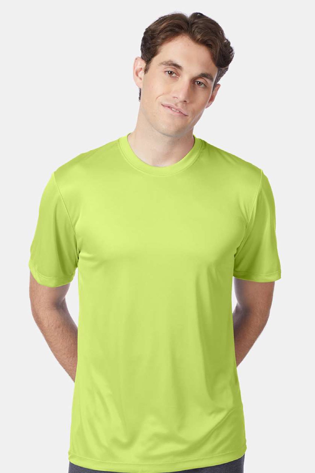 Hanes 4820 Mens Cool DRI Moisture Wicking Short Sleeve Crewneck T-Shirt Safety Green Model Front