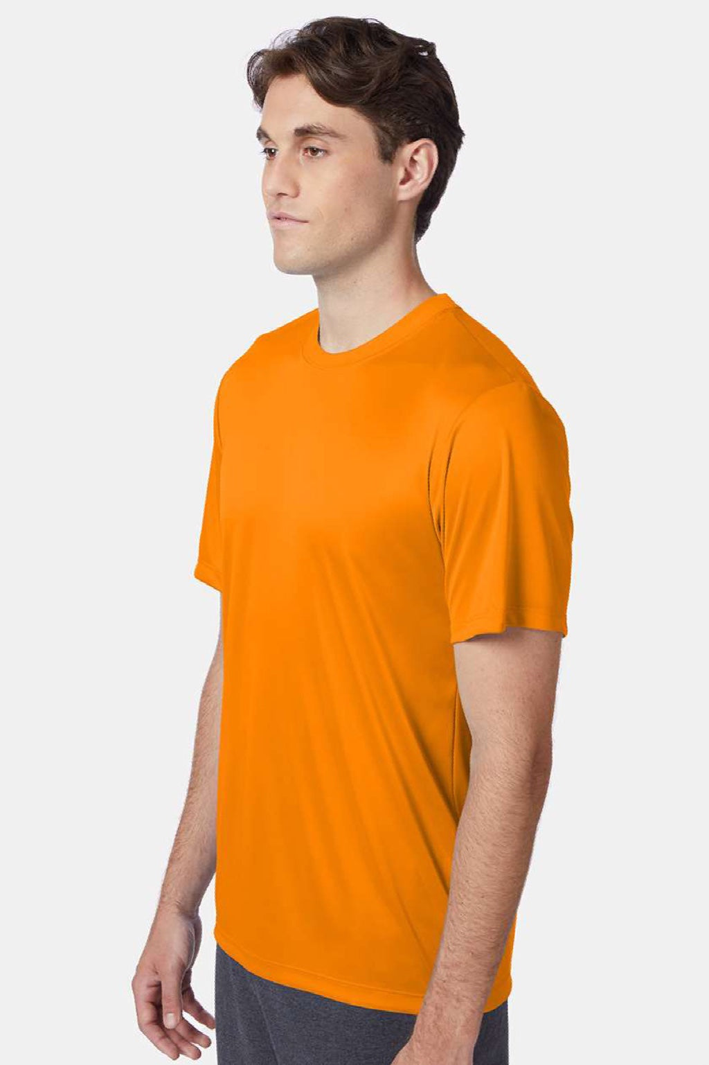 Hanes 4820 Mens Cool DRI Moisture Wicking Short Sleeve Crewneck T-Shirt Safety Orange Model Side