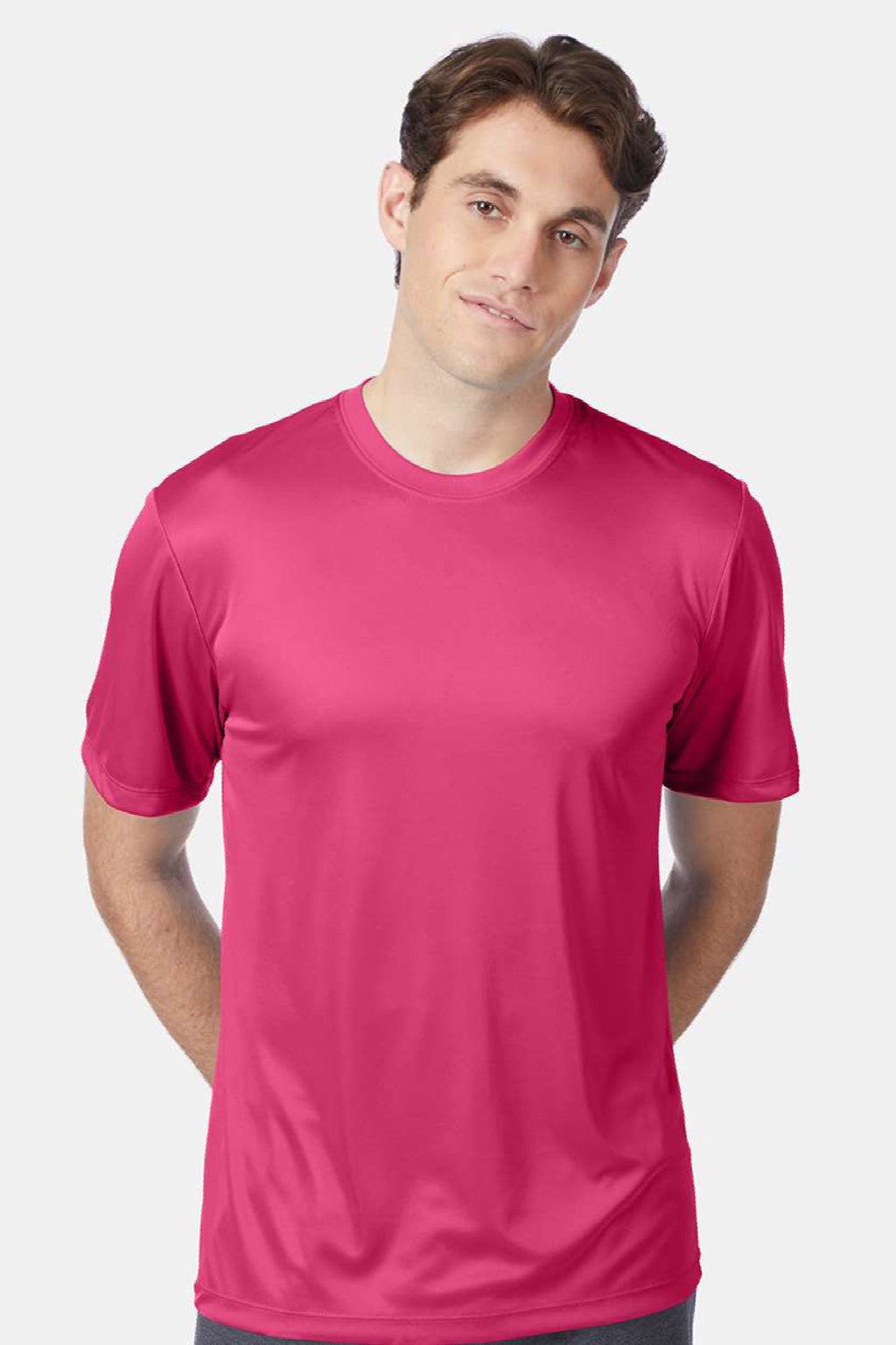 Hanes 4820 Mens Cool DRI Moisture Wicking Short Sleeve Crewneck T-Shirt Wow Pink Model Front