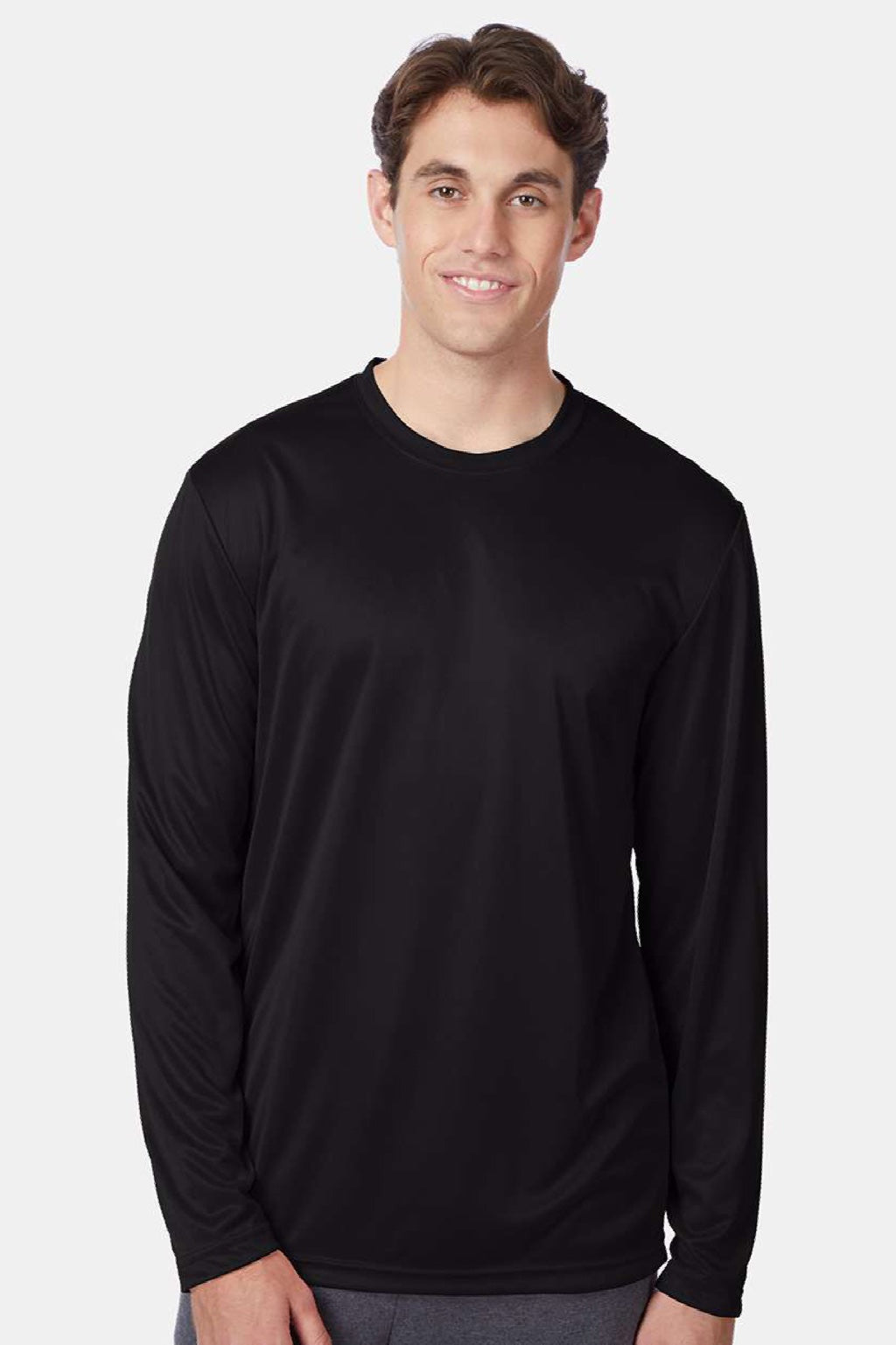 Hanes 482L Mens Cool DRI Moisture Wicking Long Sleeve Crewneck T-Shirt Black Model Front