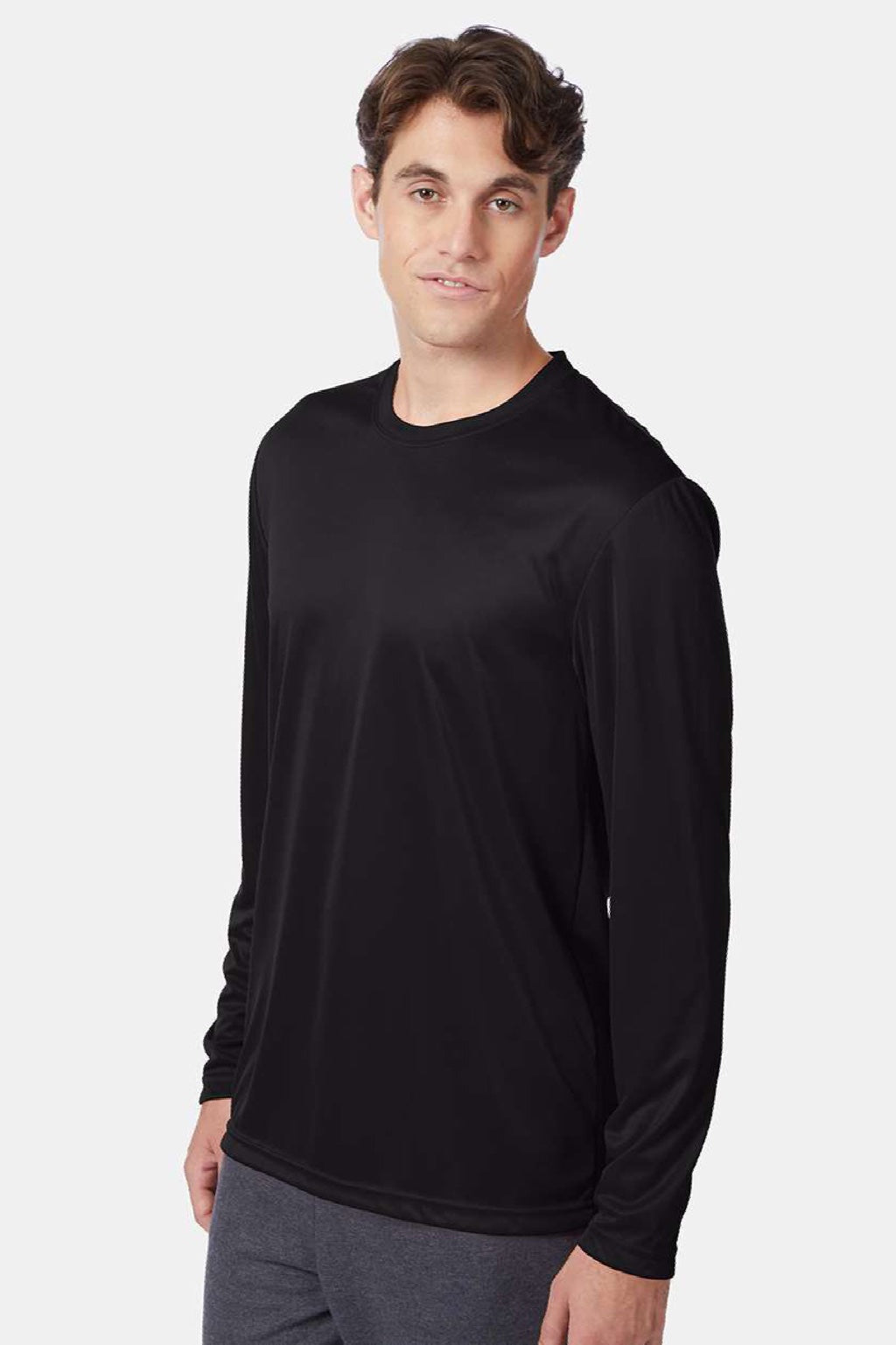 Hanes 482L Mens Cool DRI Moisture Wicking Long Sleeve Crewneck T-Shirt Black Model Side