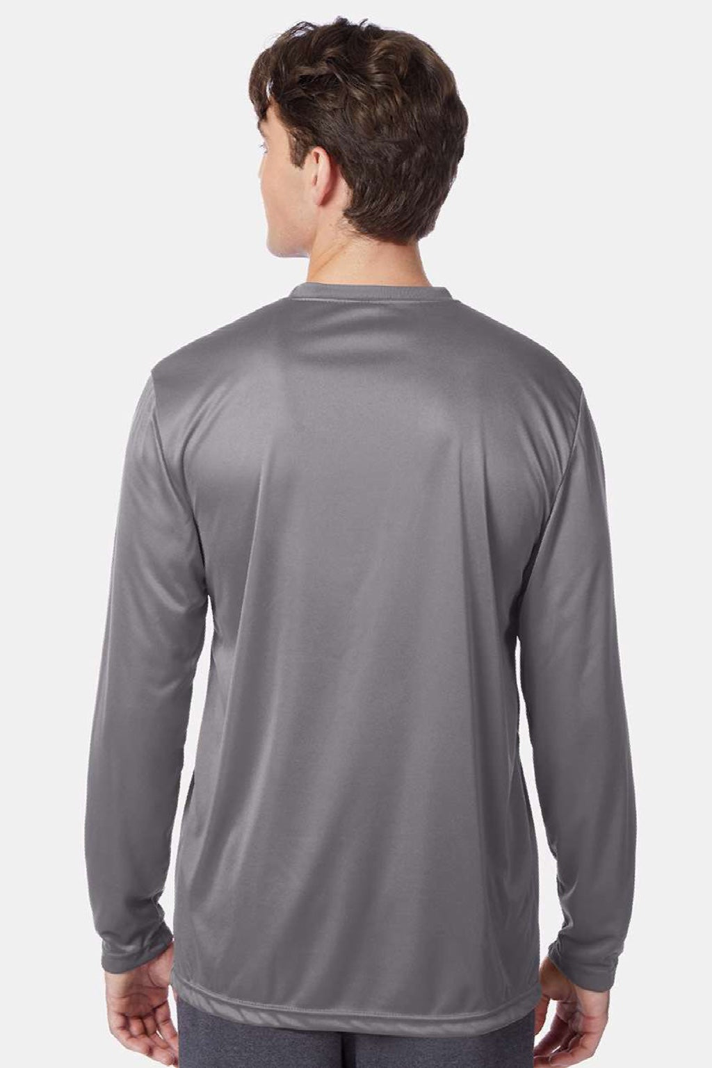 Hanes 482L Mens Cool DRI Moisture Wicking Long Sleeve Crewneck T-Shirt Graphite Grey Model Back