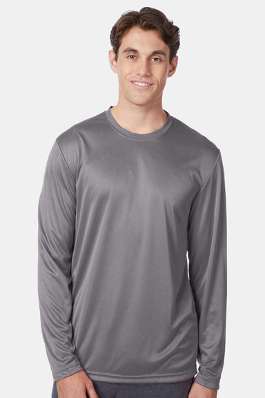 Hanes 482L Mens Cool DRI Moisture Wicking Long Sleeve Crewneck T-Shirt Graphite Grey Model Front