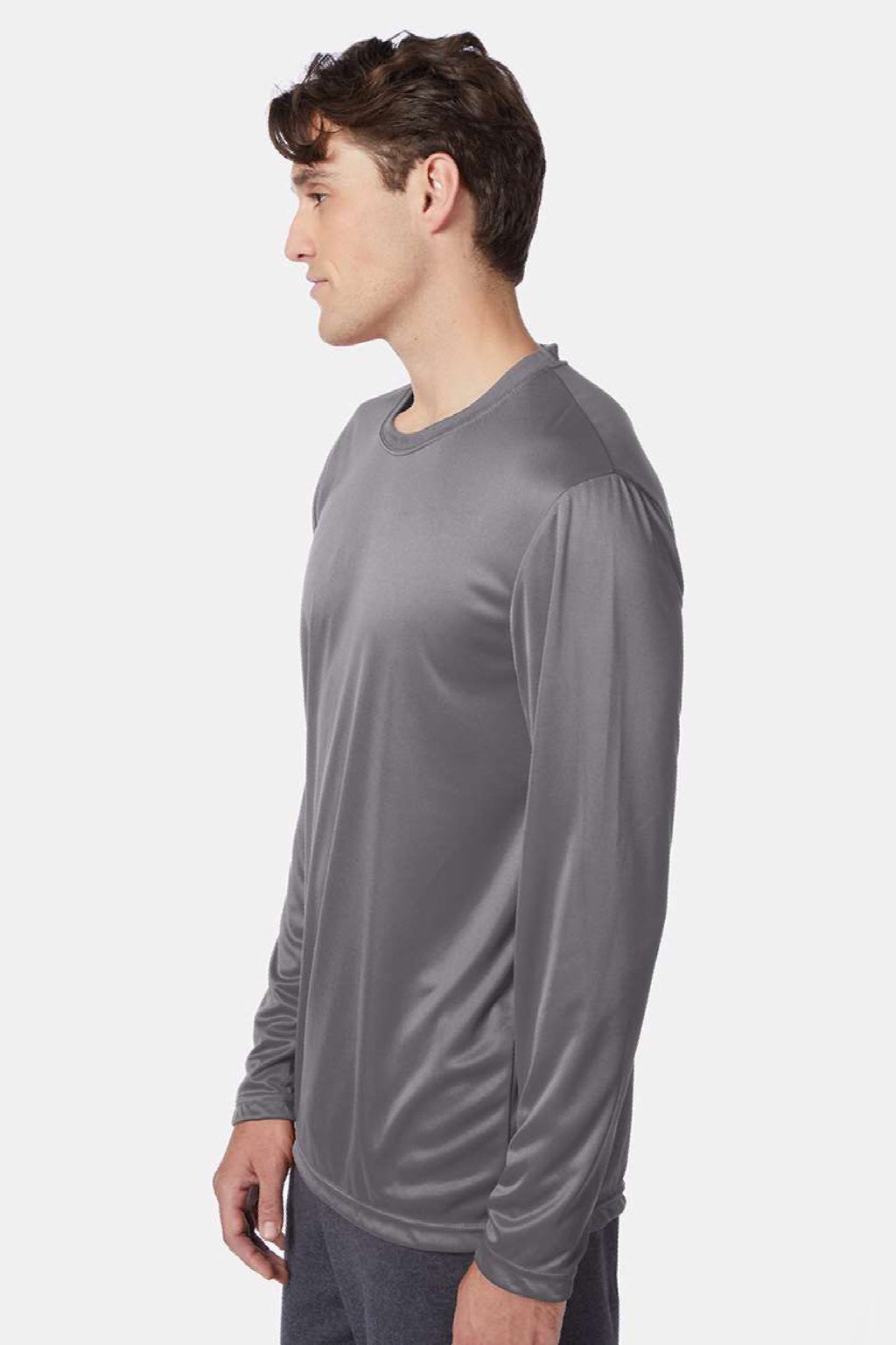 Hanes 482L Mens Cool DRI Moisture Wicking Long Sleeve Crewneck T-Shirt Graphite Grey Model Side