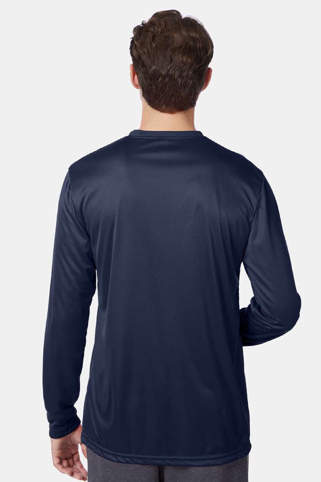 Hanes 482L Mens Cool DRI Moisture Wicking Long Sleeve Crewneck T-Shirt Navy Blue Model Back
