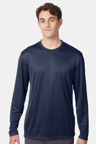 Hanes 482L Mens Cool DRI Moisture Wicking Long Sleeve Crewneck T-Shirt Navy Blue Model Front