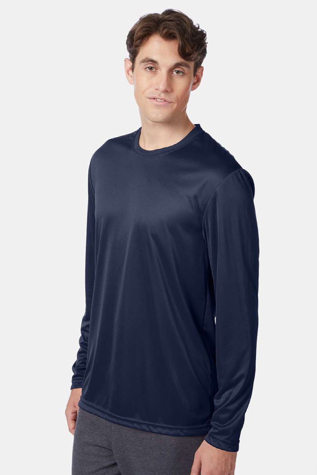 Hanes 482L Mens Cool DRI Moisture Wicking Long Sleeve Crewneck T-Shirt Navy Blue Model Side