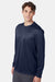 Hanes 482L Mens Cool DRI Moisture Wicking Long Sleeve Crewneck T-Shirt Navy Blue Model Side