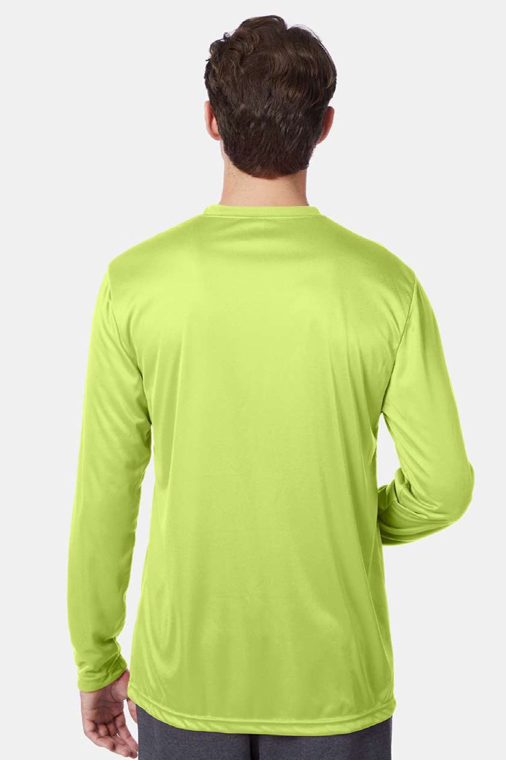 Hanes 482L Mens Cool DRI Moisture Wicking Long Sleeve Crewneck T-Shirt Safety Green Model Back