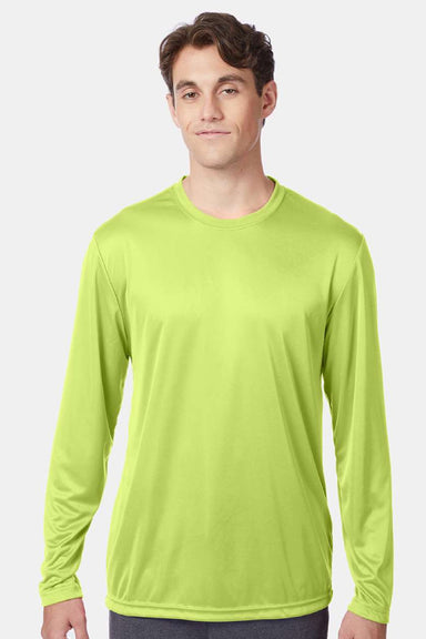 Hanes 482L Mens Cool DRI Moisture Wicking Long Sleeve Crewneck T-Shirt Safety Green Model Front