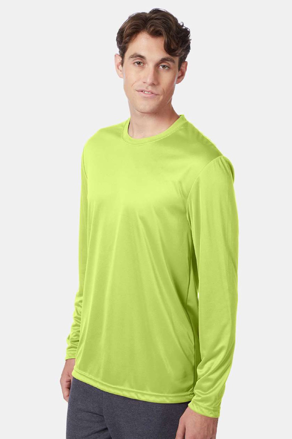 Hanes 482L Mens Cool DRI Moisture Wicking Long Sleeve Crewneck T-Shirt Safety Green Model Side