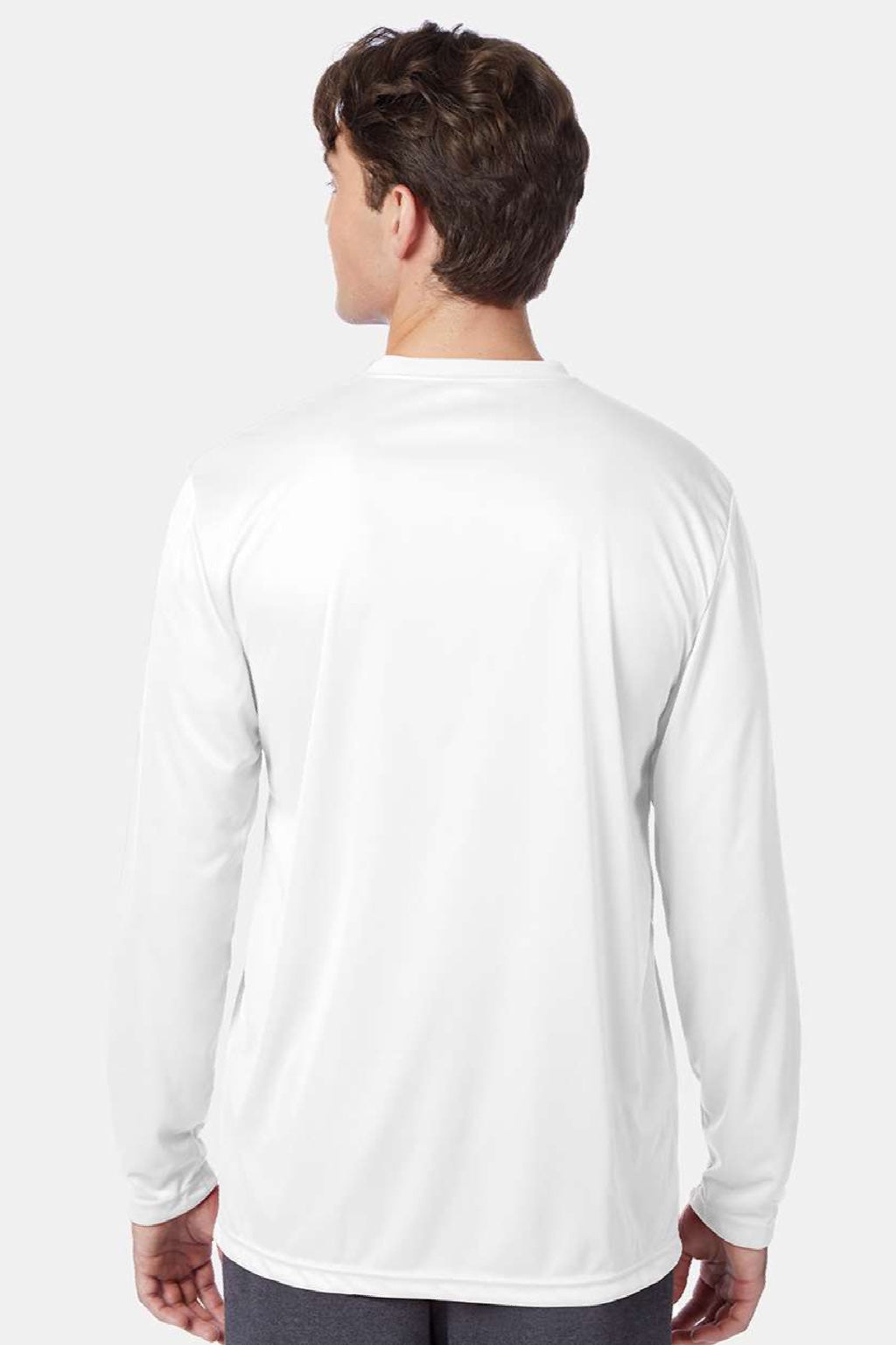 Hanes 482L Mens Cool DRI Moisture Wicking Long Sleeve Crewneck T-Shirt White Model Back