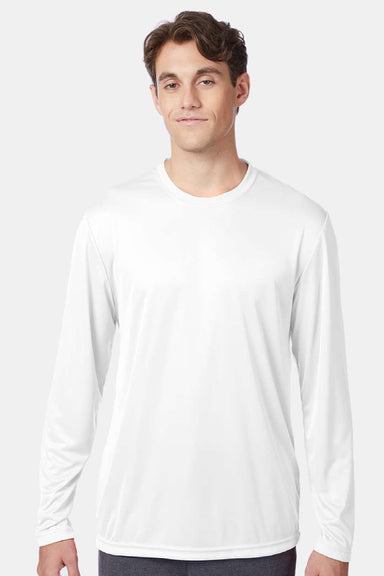 Hanes 482L Mens Cool DRI Moisture Wicking Long Sleeve Crewneck T-Shirt White Model Front