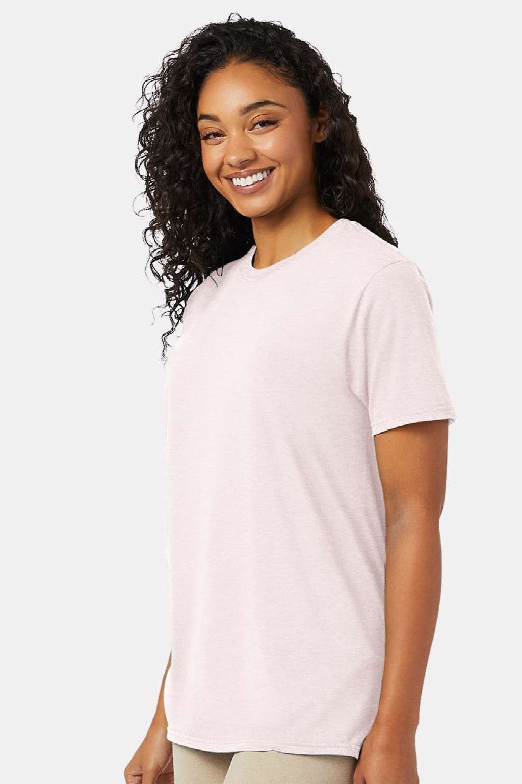 Hanes 4980 Mens Perfect-T Short Sleeve Crewneck T-Shirt Heather Body Blush Pink Model Side