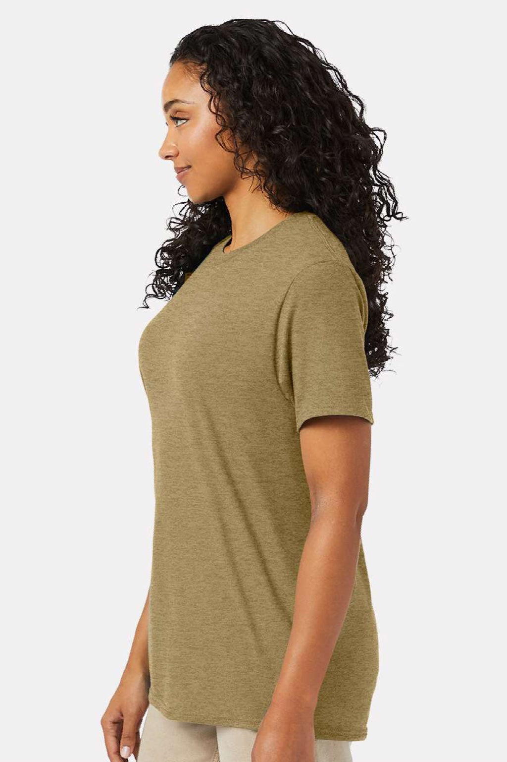 Hanes 4980 Mens Perfect-T Short Sleeve Crewneck T-Shirt Heather Brown Sugar Model Side