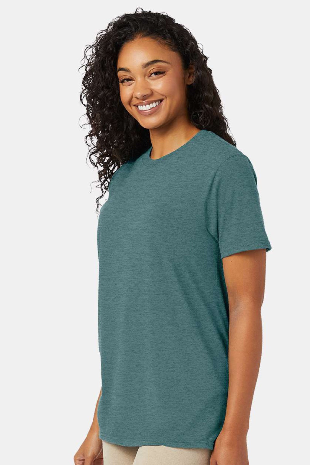 Hanes 4980 Mens Perfect-T Short Sleeve Crewneck T-Shirt Heather Cactus Green Model Side