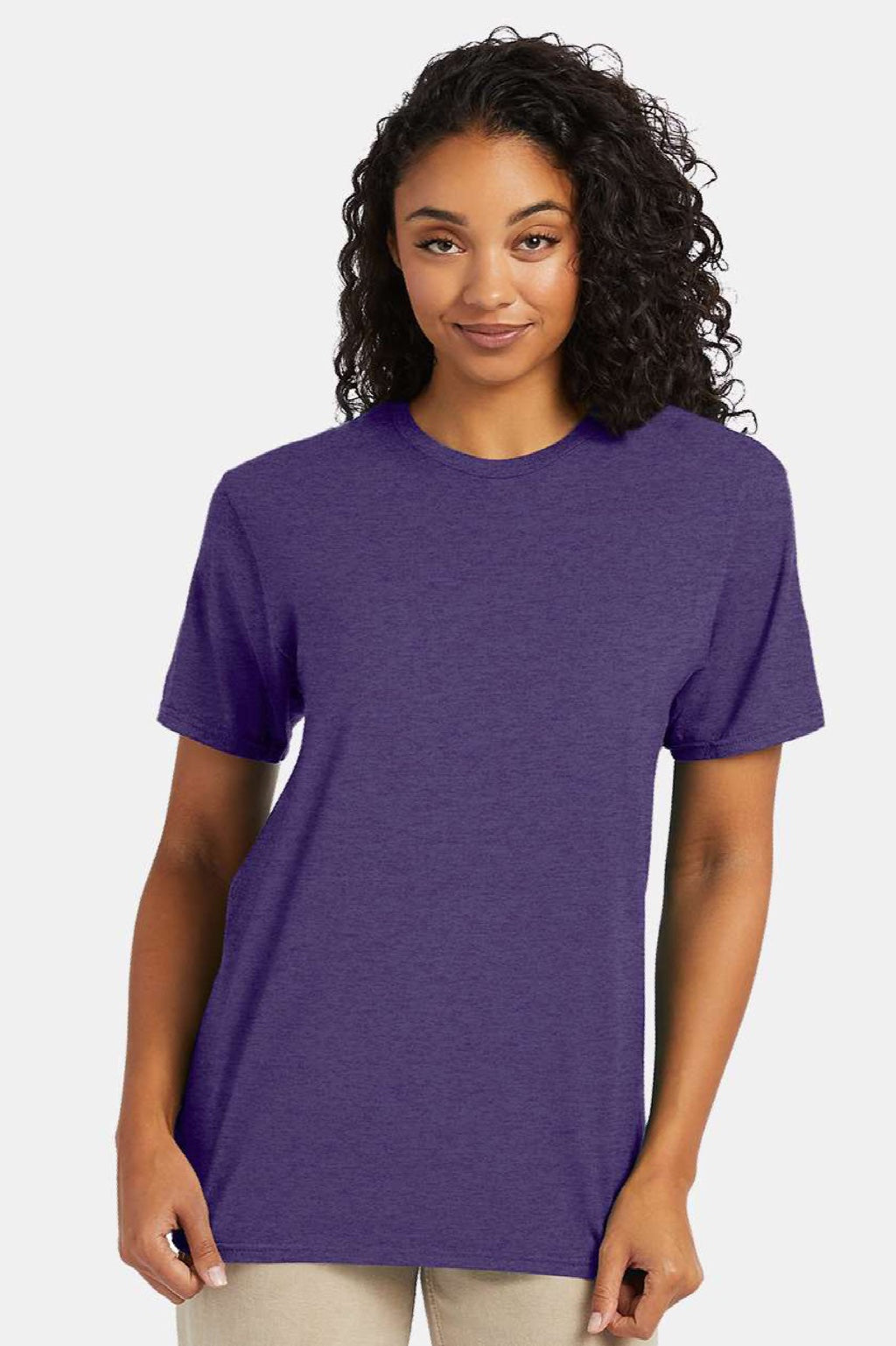 Hanes 4980 Mens Perfect-T Short Sleeve Crewneck T-Shirt Heather Grape Smash Purple Model Front