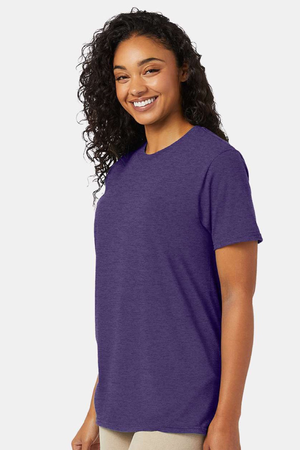 Hanes 4980 Mens Perfect-T Short Sleeve Crewneck T-Shirt Heather Grape Smash Purple Model Side