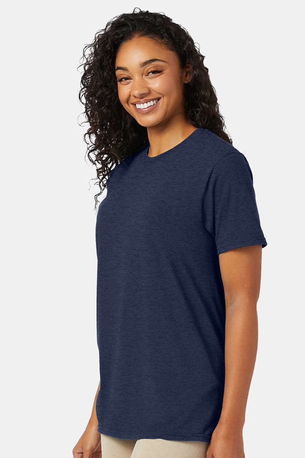 Hanes 4980 Mens Perfect-T Short Sleeve Crewneck T-Shirt Heather Navy Blue Model Side