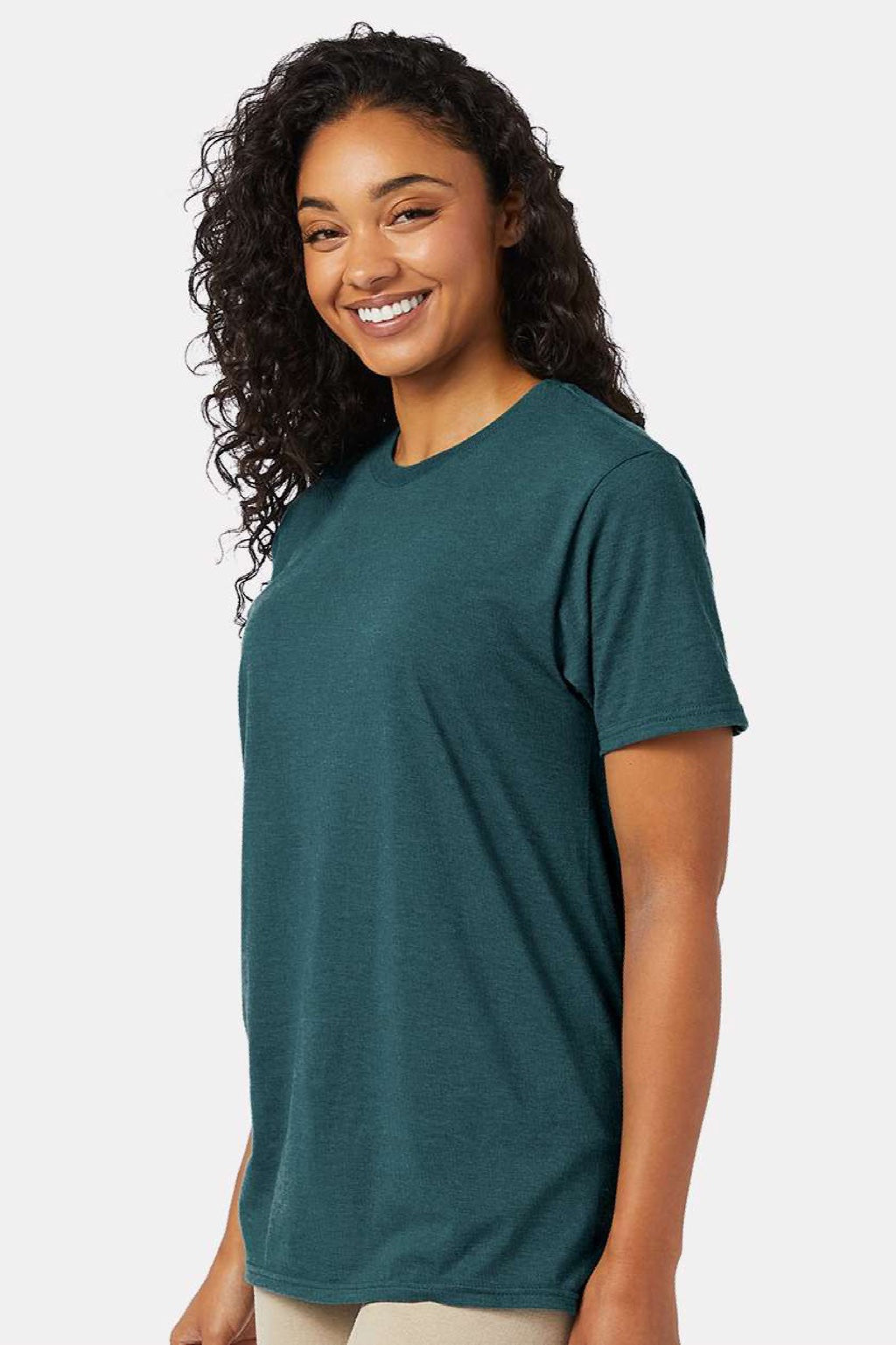 Hanes 4980 Mens Perfect-T Short Sleeve Crewneck T-Shirt Heather Jade Pine Model Side