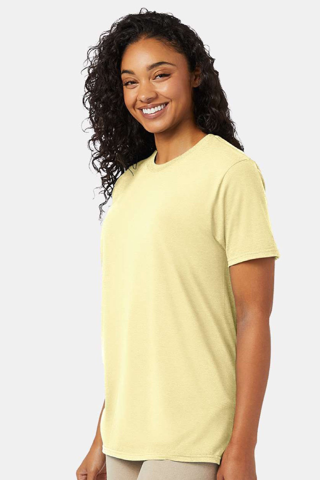 Hanes 4980 Mens Perfect-T Short Sleeve Crewneck T-Shirt Heather Lemon Meringue Yellow Model Side