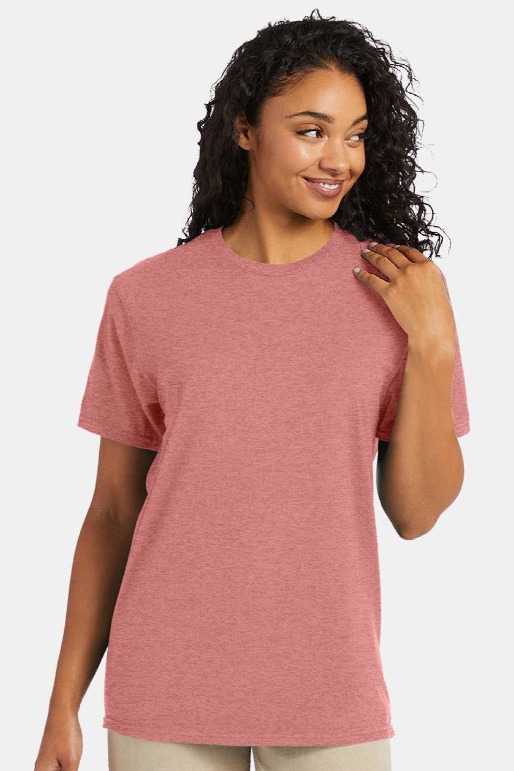 Hanes 4980 Mens Perfect-T Short Sleeve Crewneck T-Shirt Heather Mauve Model Front