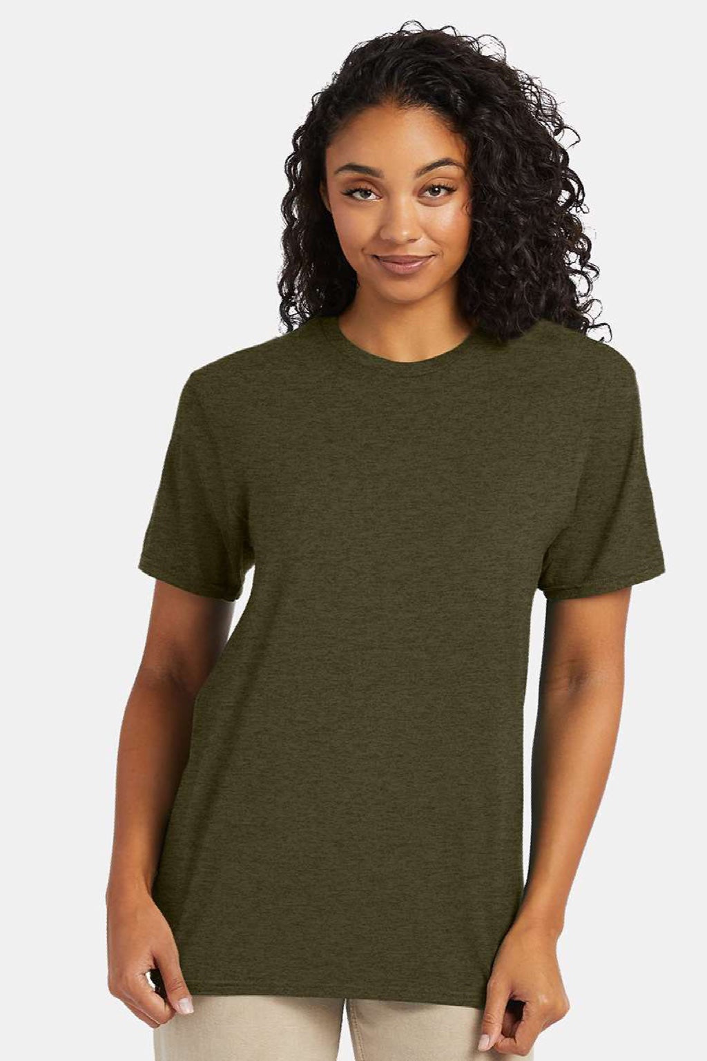 Hanes 4980 Mens Perfect-T Short Sleeve Crewneck T-Shirt Heather Military Green Model Front