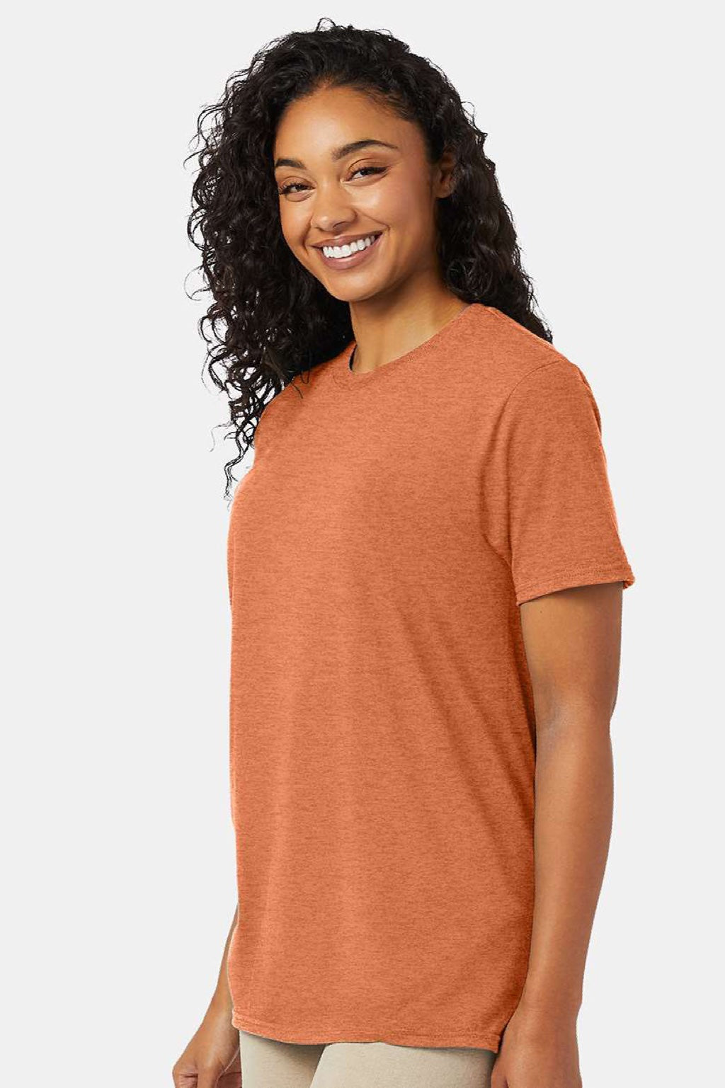 Hanes 4980 Mens Perfect-T Short Sleeve Crewneck T-Shirt Heather Pumpkin Orange Model Side