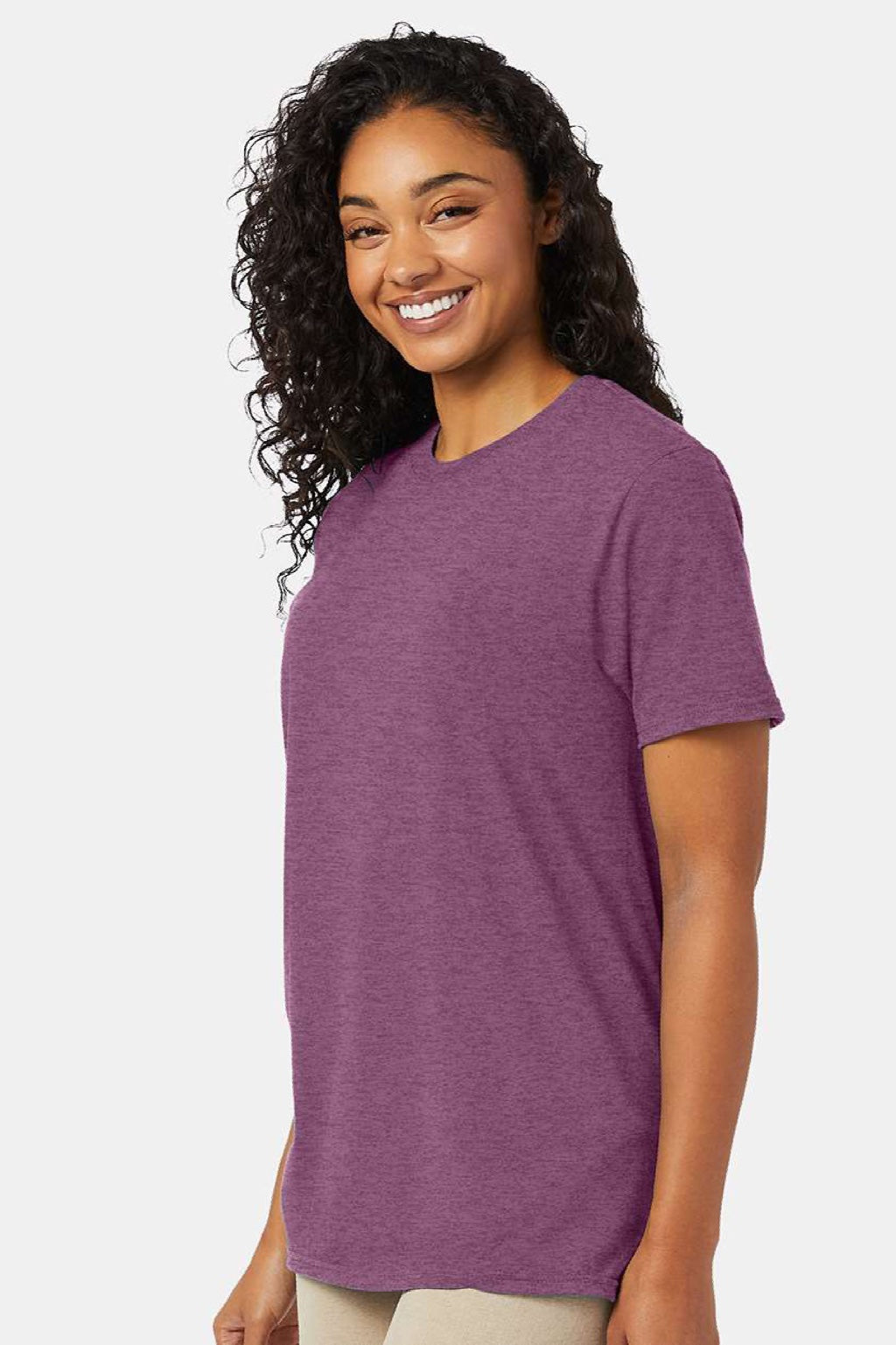 Hanes 4980 Mens Perfect-T Short Sleeve Crewneck T-Shirt Heather Purple Rain Model Side