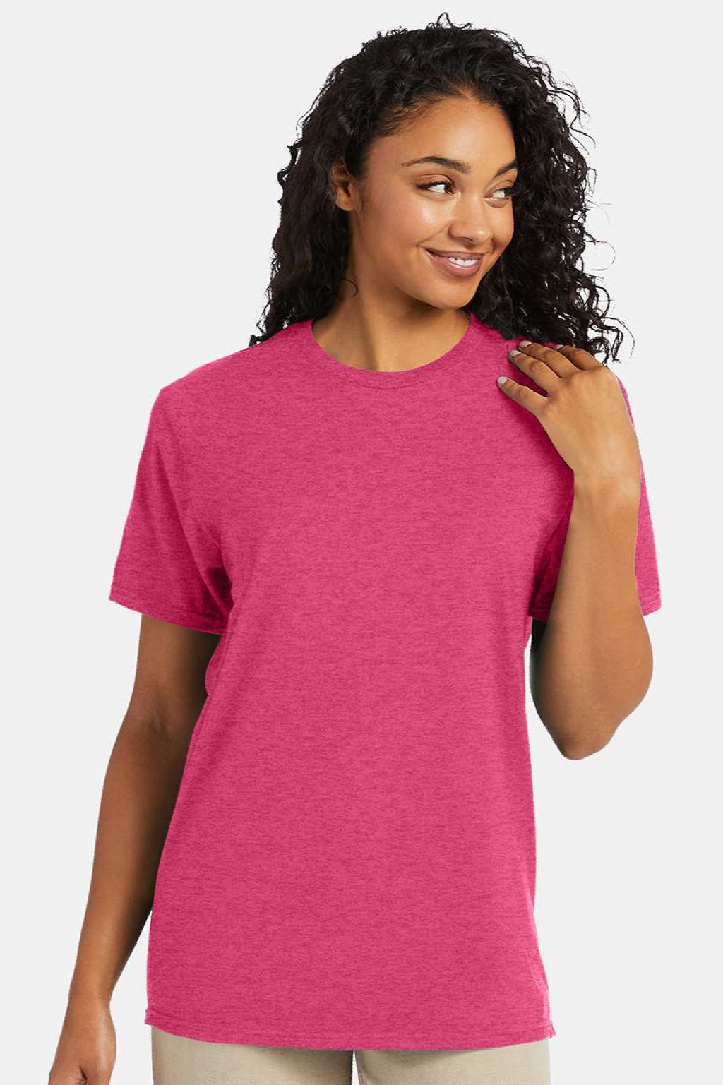 Hanes 4980 Mens Perfect-T Short Sleeve Crewneck T-Shirt Heather Wow Pink Model Front