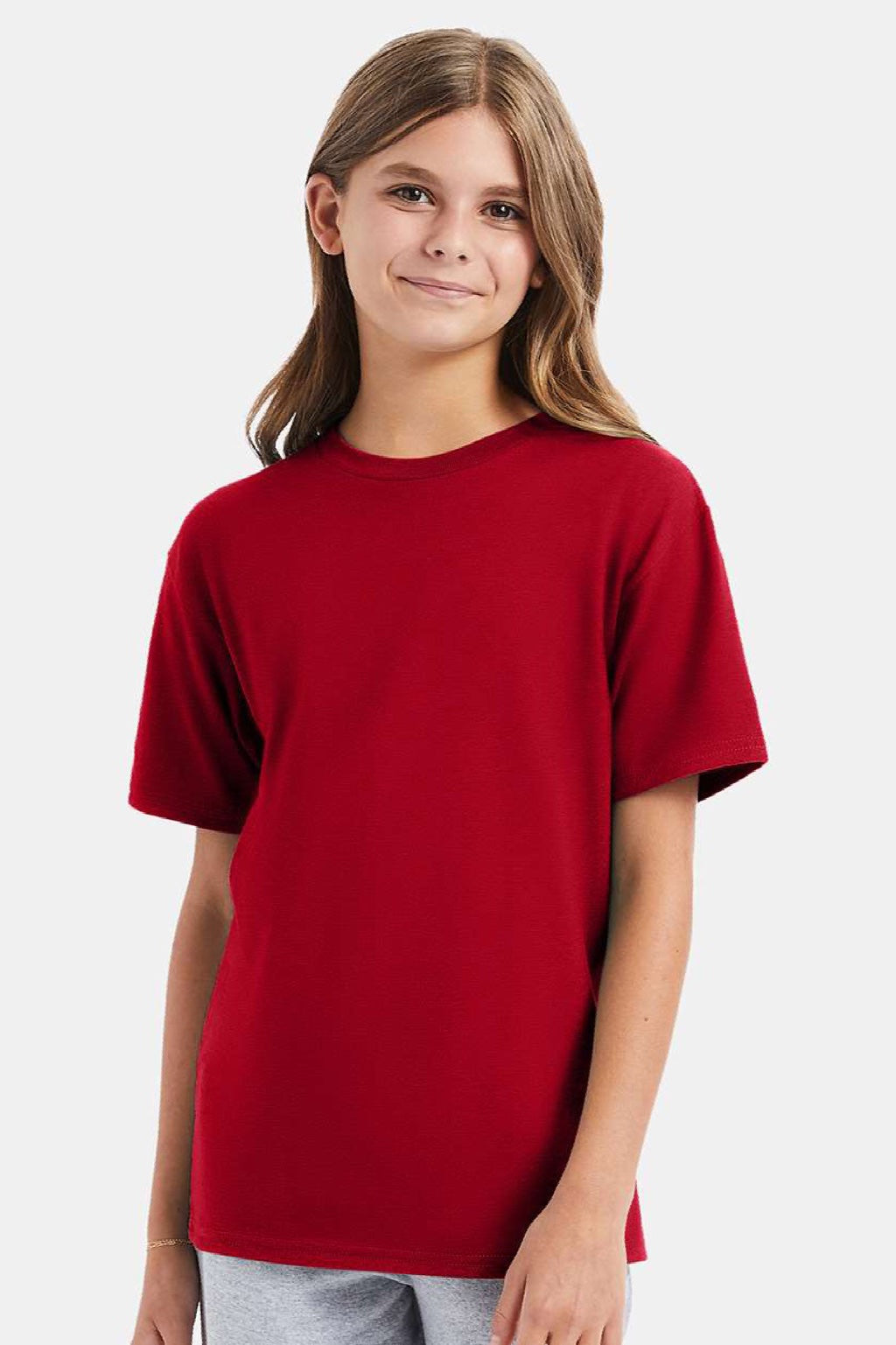 Hanes 498Y Youth Perfect-T Short Sleeve Crewneck T-Shirt Deep Red Model Front