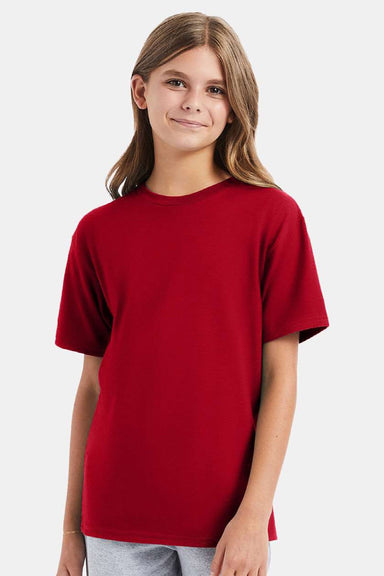 Hanes 498Y Youth Perfect-T Short Sleeve Crewneck T-Shirt Deep Red Model Front
