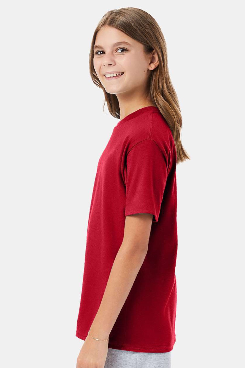 Hanes 498Y Youth Perfect-T Short Sleeve Crewneck T-Shirt Deep Red Model Side
