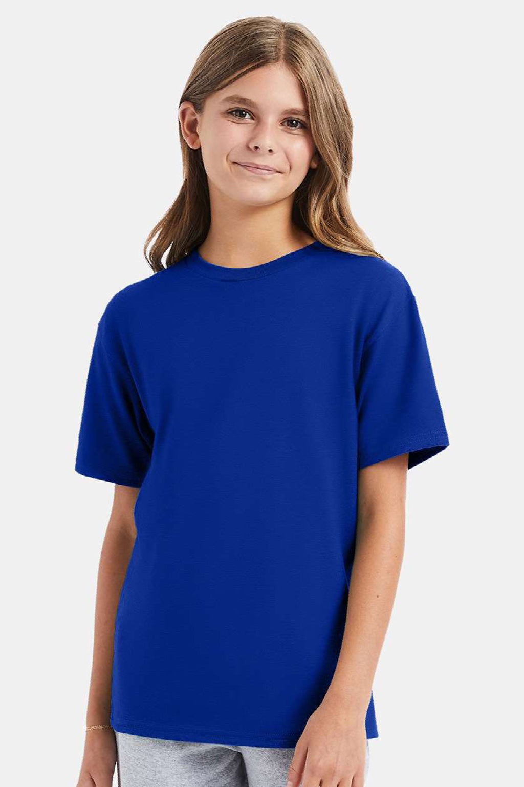 Hanes 498Y Youth Perfect-T Short Sleeve Crewneck T-Shirt Deep Royal Blue Model Front
