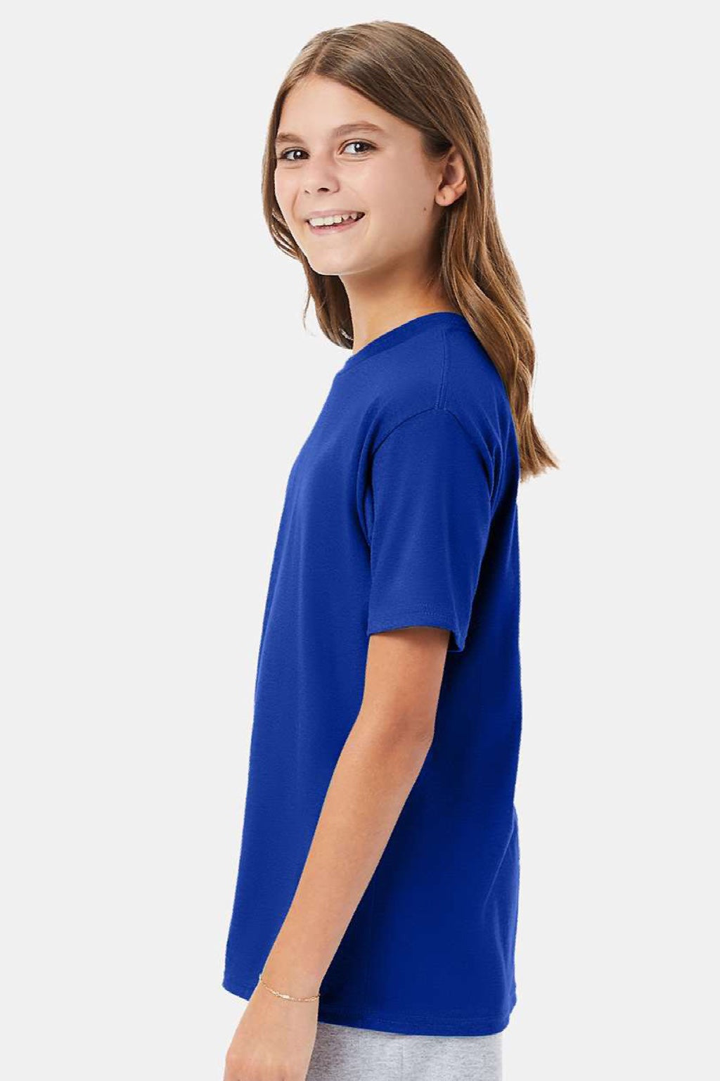 Hanes 498Y Youth Perfect-T Short Sleeve Crewneck T-Shirt Deep Royal Blue Model Side
