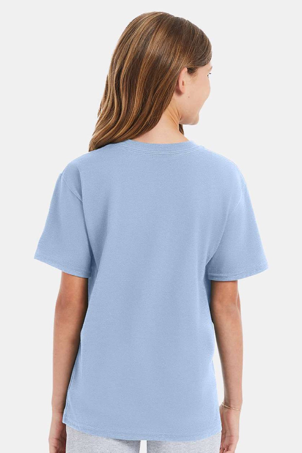 Hanes 498Y Youth Perfect-T Short Sleeve Crewneck T-Shirt Light Blue Model Back