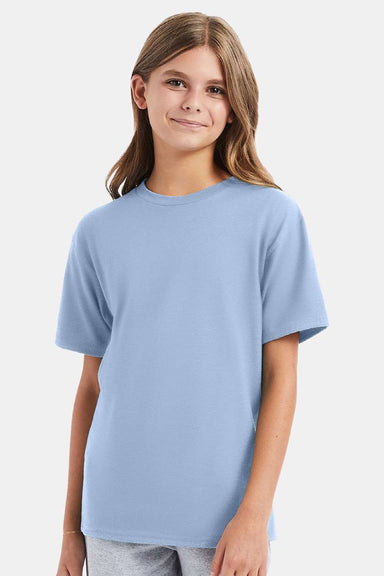 Hanes 498Y Youth Perfect-T Short Sleeve Crewneck T-Shirt Light Blue Model Front