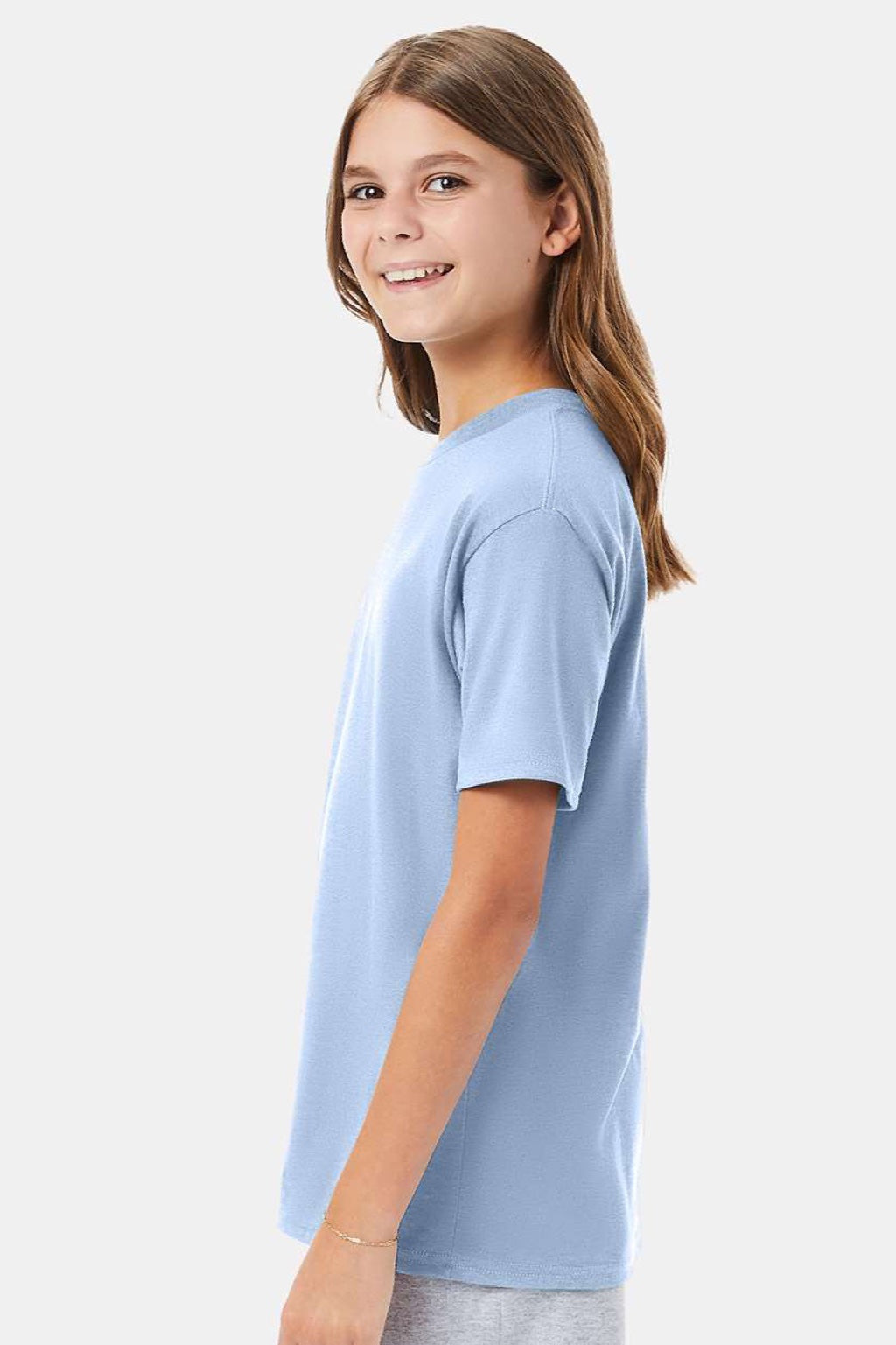 Hanes 498Y Youth Perfect-T Short Sleeve Crewneck T-Shirt Light Blue Model Side