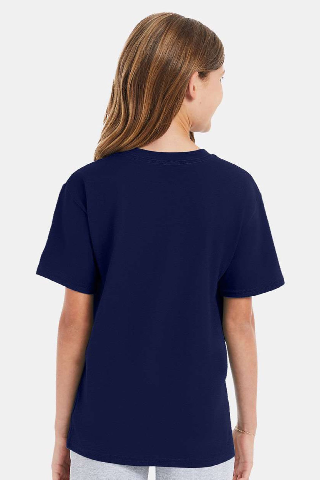 Hanes 498Y Youth Perfect-T Short Sleeve Crewneck T-Shirt Navy Blue Model Back